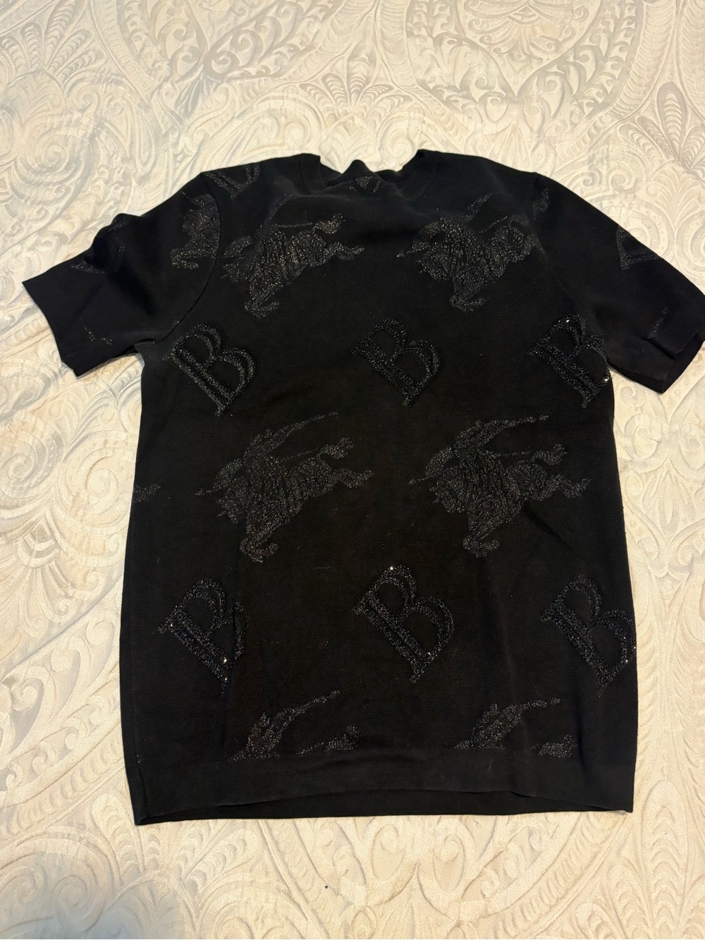 Men's Black Crew Neck Short Sleeve Logo Pattern T-Shirt, Size M Regular